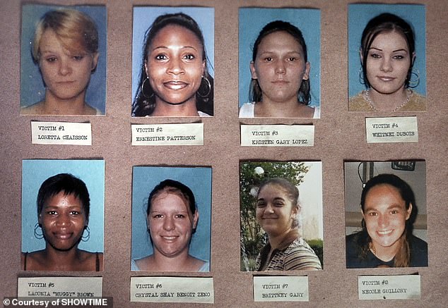 Nine labeled photographs of women arranged in two rows on a bulletin board, each with a nameplate below listing victim number and name, including Loretta Chaisson, Ernestine Patterson, Kristen Gary Lopez, Whitnei Dubois, Laconia Muggy Brown, Crystal Shay Benoit Zeno, Brittney Gary, Necole Guillory; the setting is investigative and somber, conveying a serious and tragic tone related to unsolved homicides