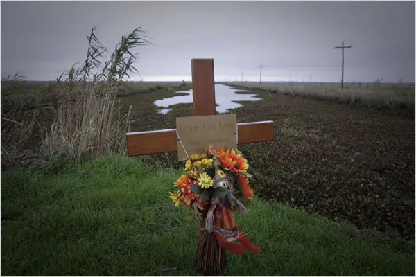 A wooden cross memorial adorned with a bouquet of artificial sunflowers and autumn flowers stands on a grassy roadside next to a canal under a gray, overcast sky. The cross bears a plaque with the name Kristen Gary Lopez and dates, marking the site where her body was found. The surrounding landscape is rural and somber, with tall grass and distant utility poles, conveying a quiet, mournful atmosphere.